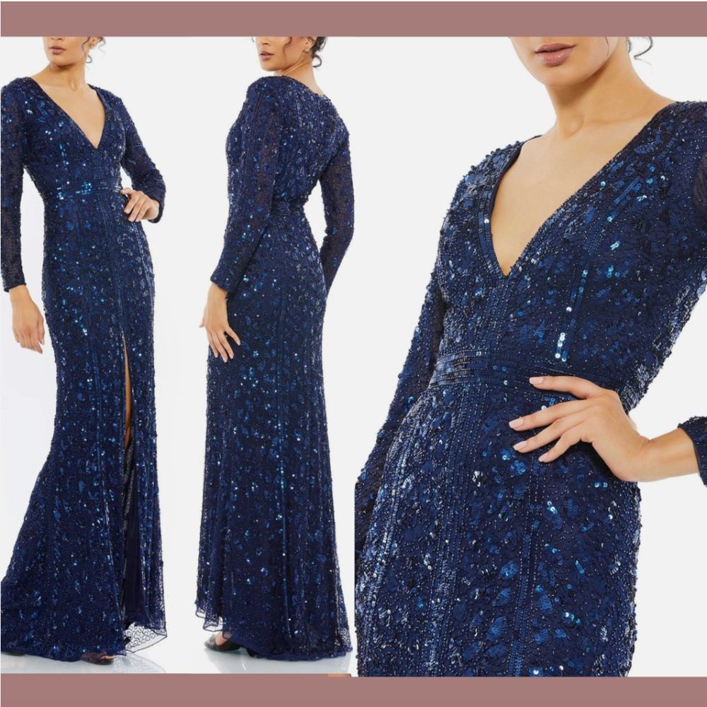 NWT $598 Mac Duggal [ 12 ] Embellished Front Slit Long Sleeve Gown Mid Blue Q517
